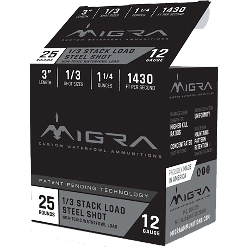 Migra Staxd Shotgun Ammo 12 Ga. 3 In. 1.25 Oz. 1-3 Shot 25 Rd. 1430 FPS ra Staxd Shotgun 12 Ga. 3 In. 1.25 Oz. 1-3 Shot 25 Rd. 1430 FPS Ammo