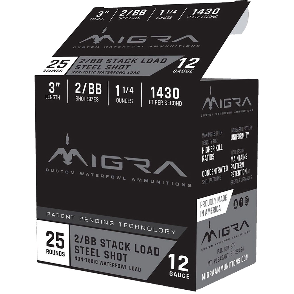 Migra Staxd Shotgun Ammo 12 ga  3 in  1 25 oz  2-BB Shot 25 rd 