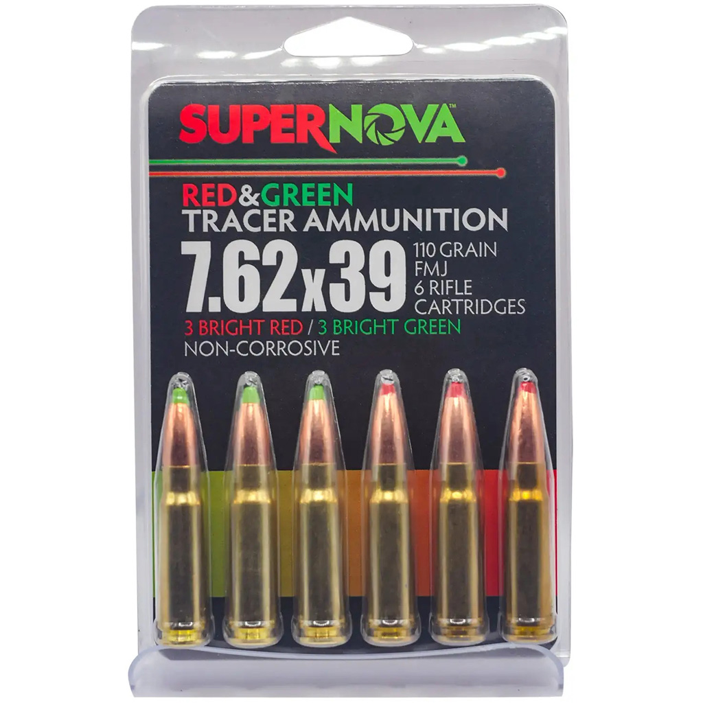 ernova Tracer Rifle Ammunition 7.62x39 110 Gr. FMJ Green & Red Tracer 6 Rd. Ammo