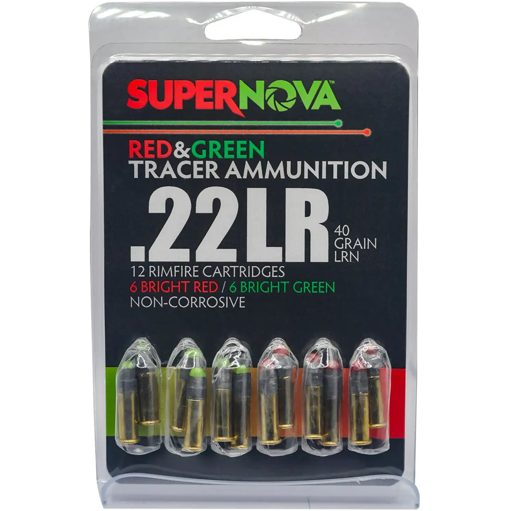 Supernova Tracer Rimfire Ammunition 22 LR 40gr. LRN Green & Red Tracer 12 Rd. 1070 FPS ernova Tracer Rimfire Ammunition 22 LR 40gr. LRN Green & Red Tracer 12 Rd. 1070 FPS Ammo