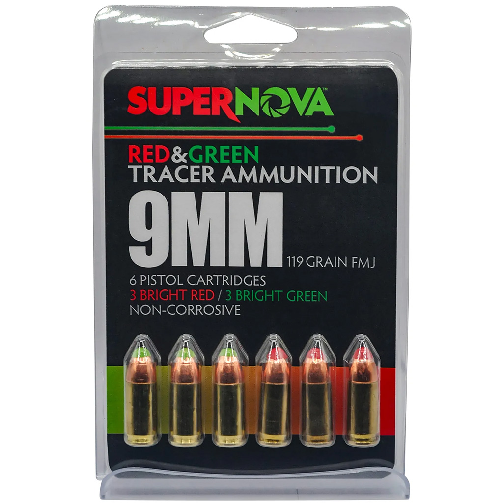 Supernova Tracer Pistol Ammunition 9mm 119 gr  FMJ Green   Red Tracer 6 rd  1070 FPS